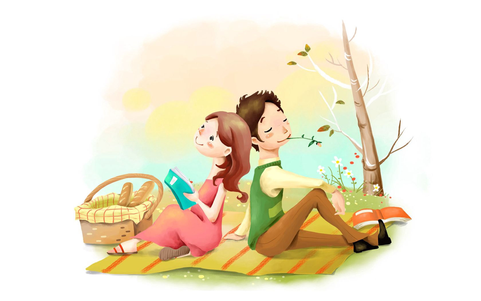 guy, love, drawing, girl, flowers, picture, basket, lawn, positive, bread, picnic, reverie, dreaminess HD wallpaper
