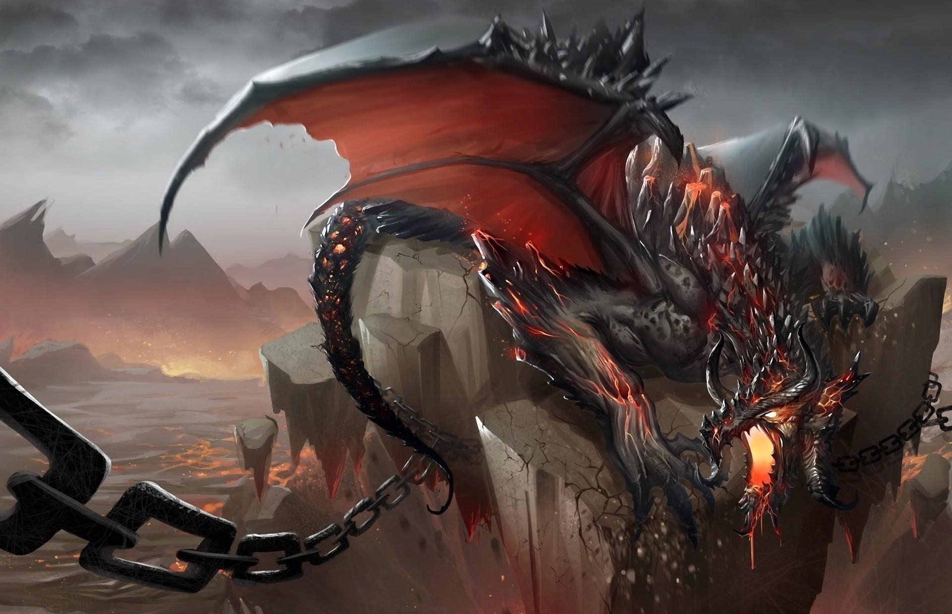 121434 download wallpaper fantasy, chains, rock, stone, to fall, mouth, dragon, chip, fragment screensavers and pictures for free