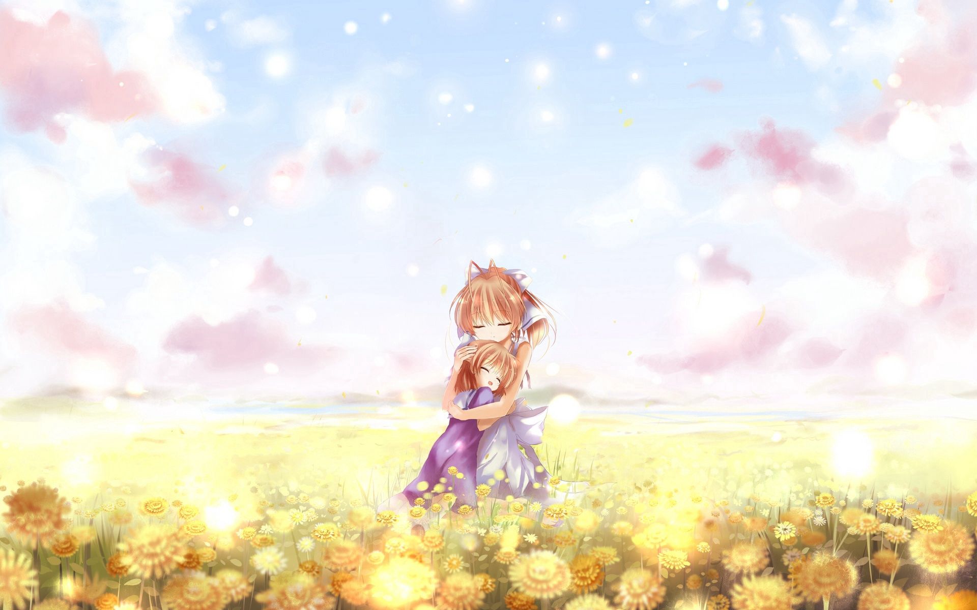 anime, sky, clouds, field, girl, tenderness, embrace