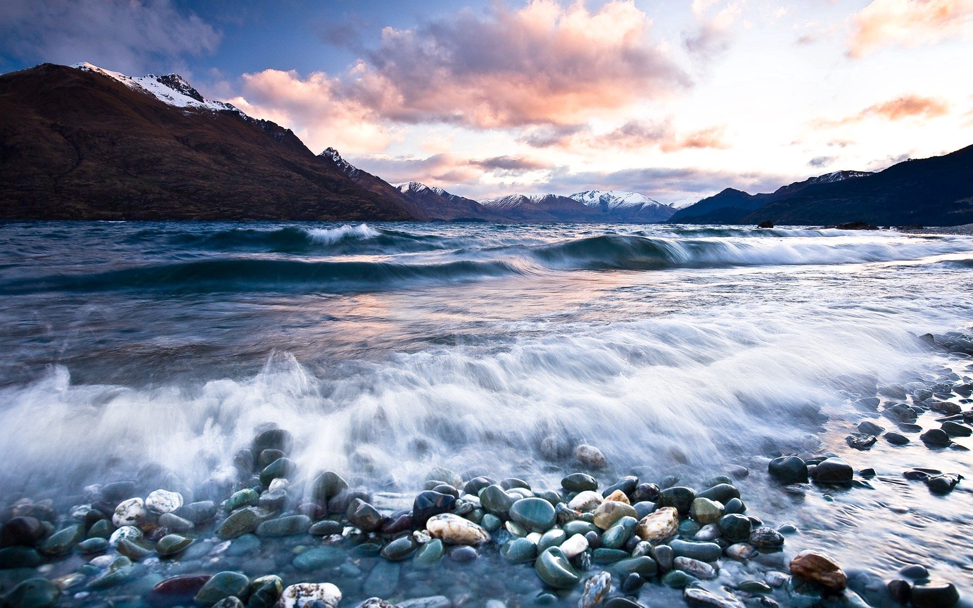 clouds, nature, water, stones, mountains, beach, foam, wave 8K