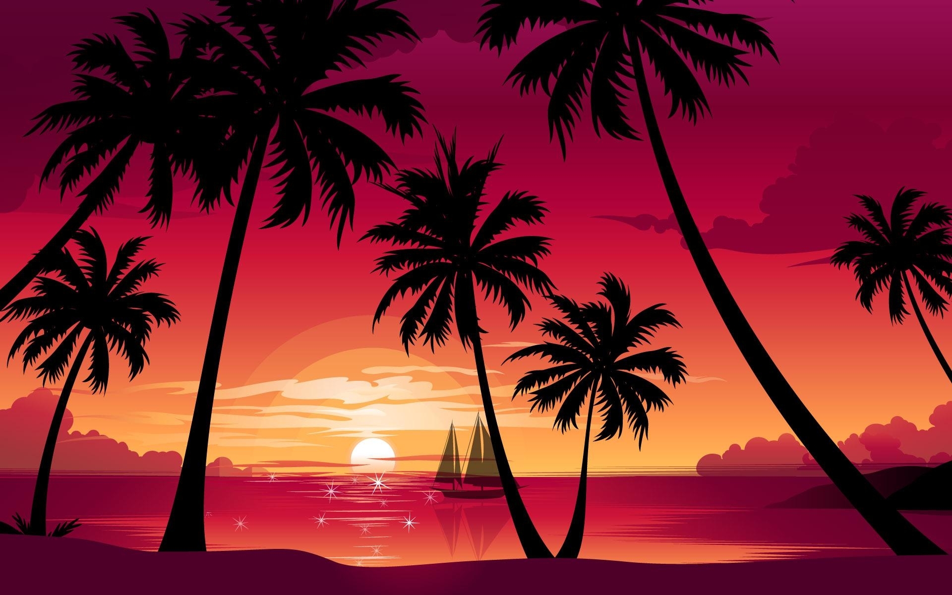 palms, sunset, red, pictures, landscape HD wallpaper