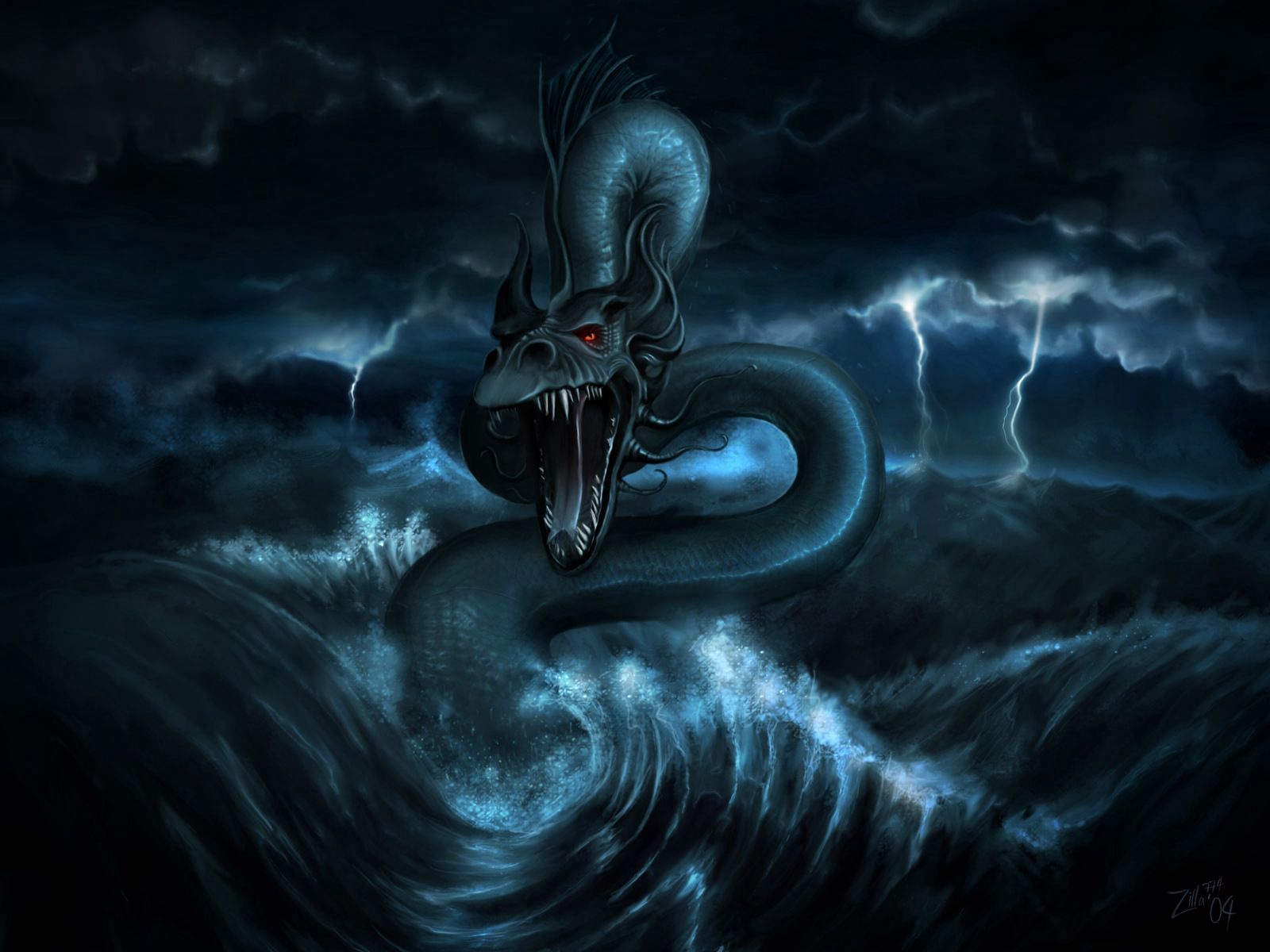 monster, fantasy, snakes, water, storm Aesthetic wallpaper