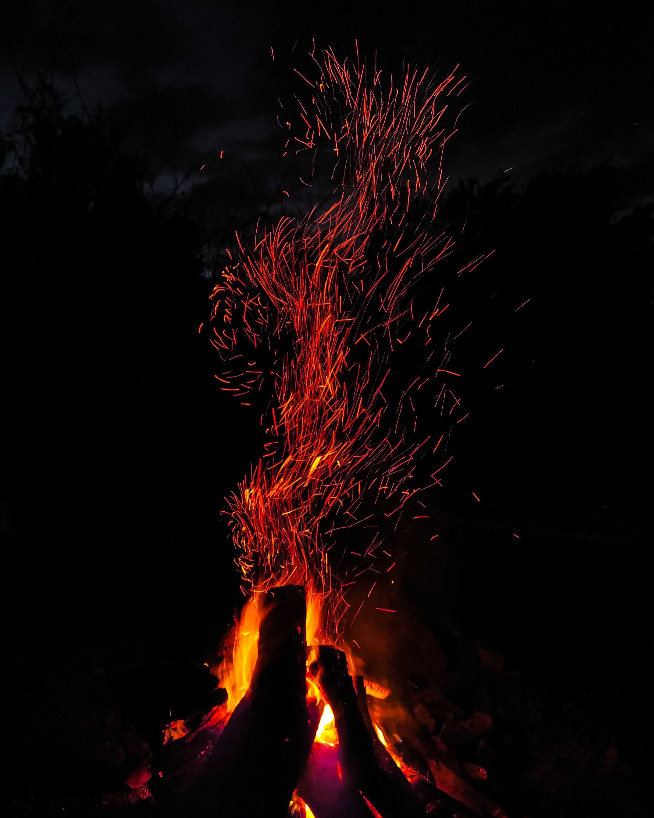 bonfire, firewood, dark, sparks