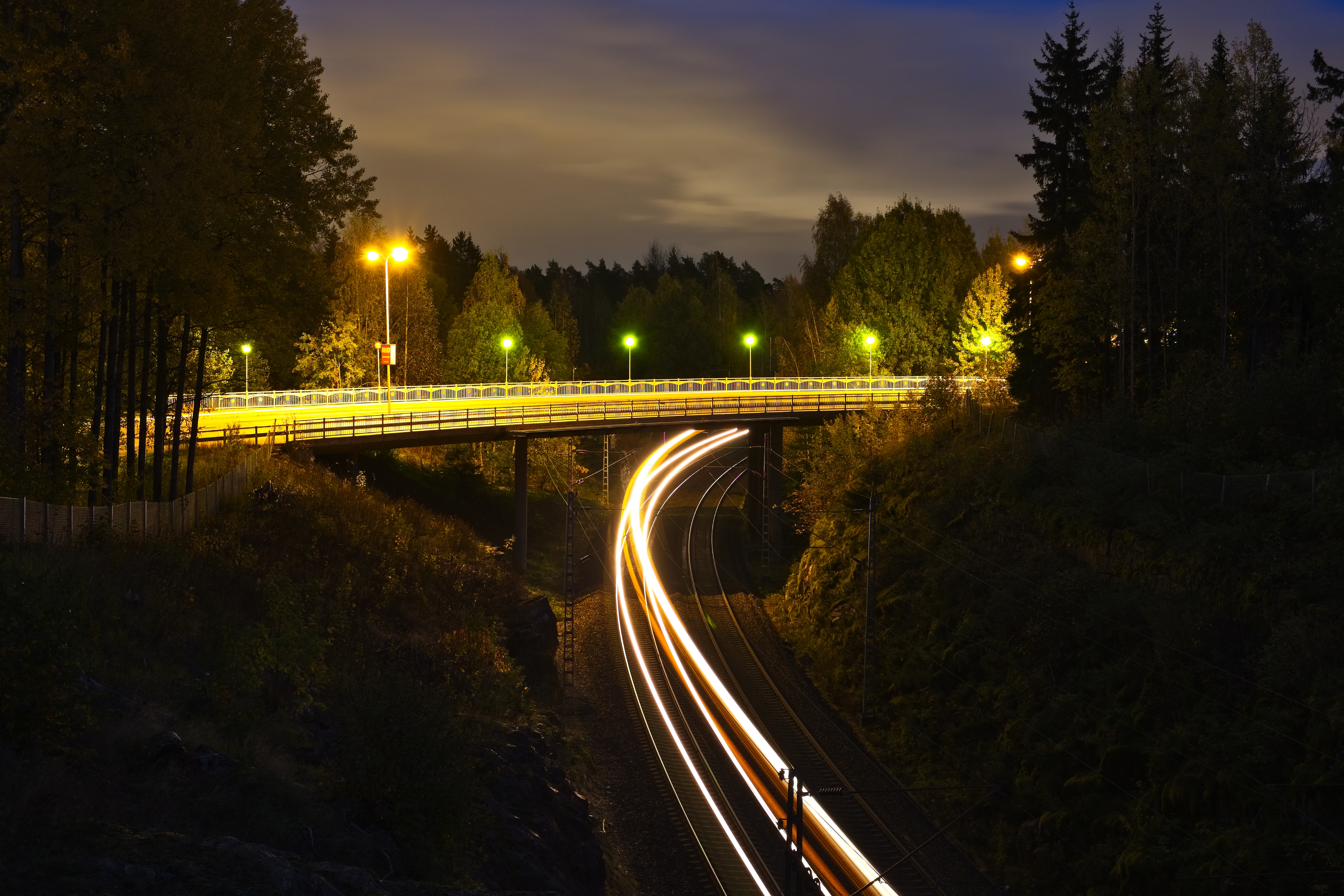 Neon bridge, glow, railway, long exposure Free Stock Photos