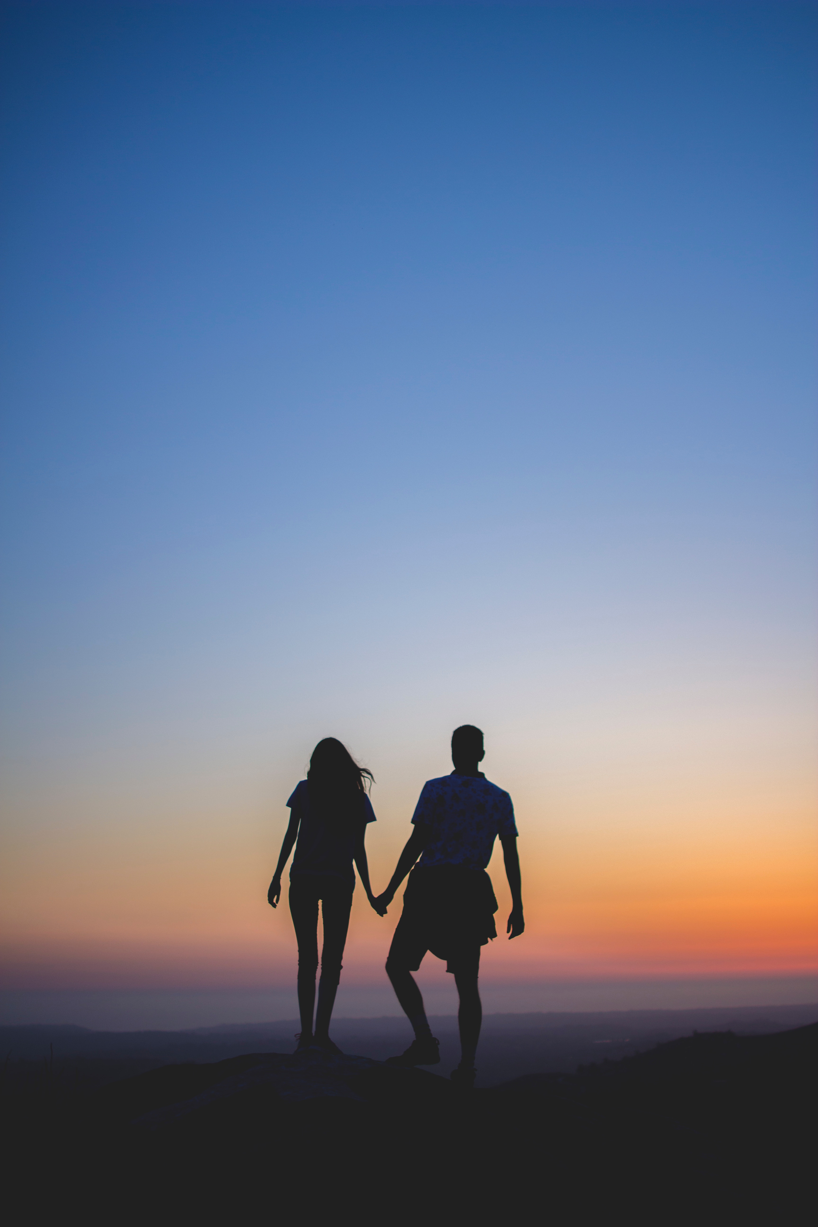 pair, couple, love, sunset, horizon, silhouettes HD wallpaper
