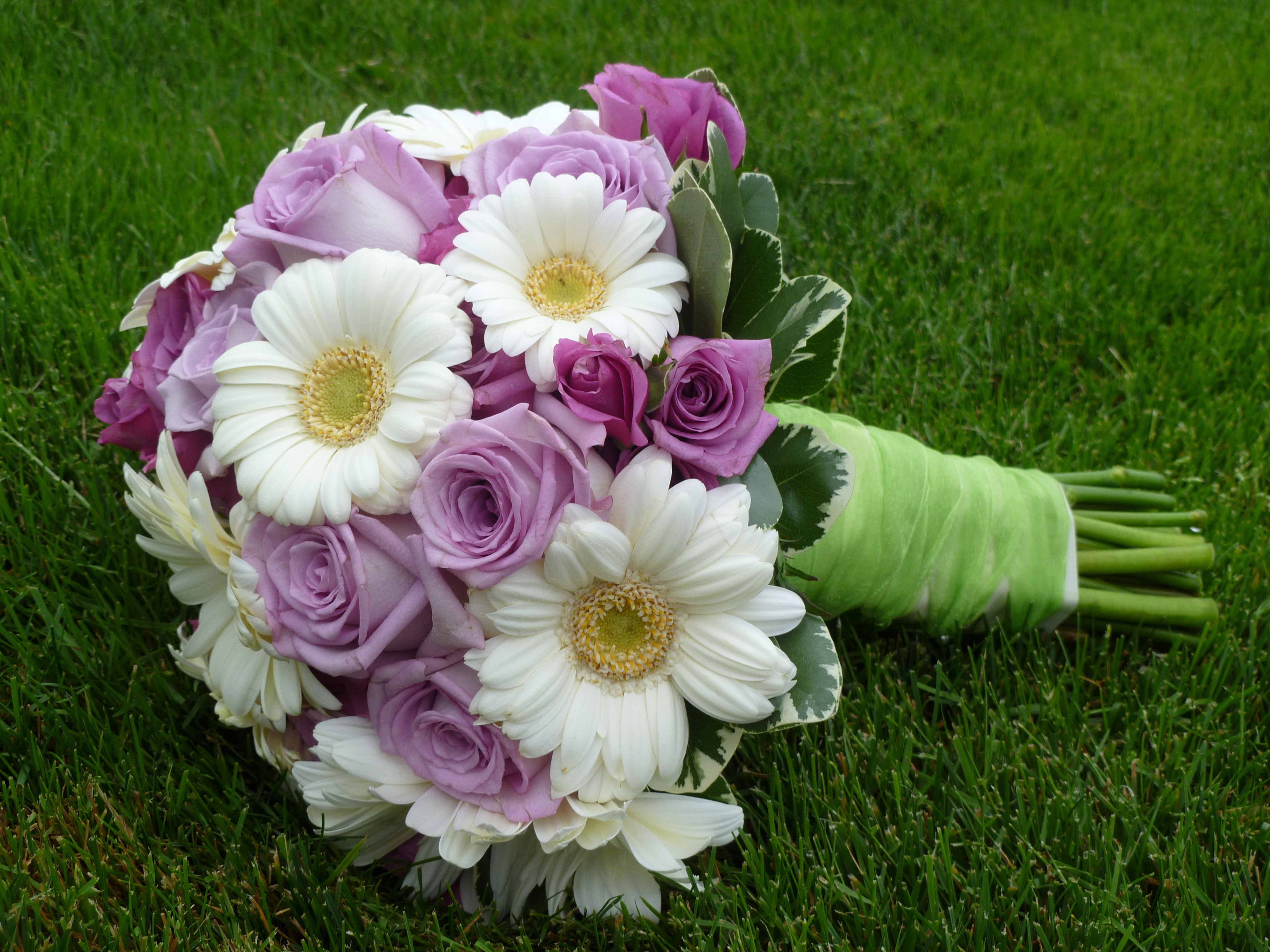 Laden Sie das Blumen, Grass, Roses, Blätter, Gerbera, Strauß, Bouquet-Bild kostenlos auf Ihren PC-Desktop herunter