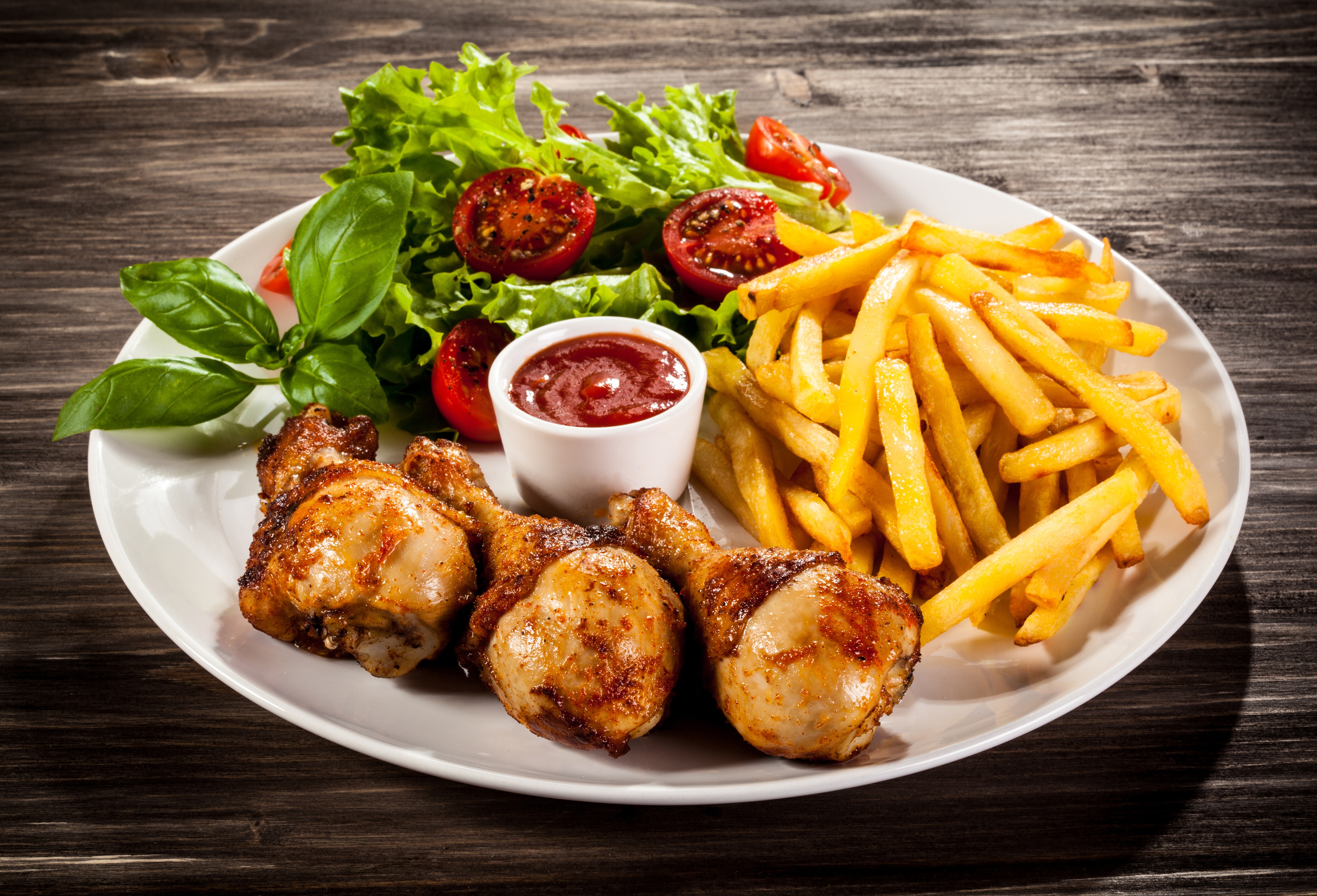 food, meal, chicken, french fries, ketchup, meat, plate, tomato wallpaper for mobile