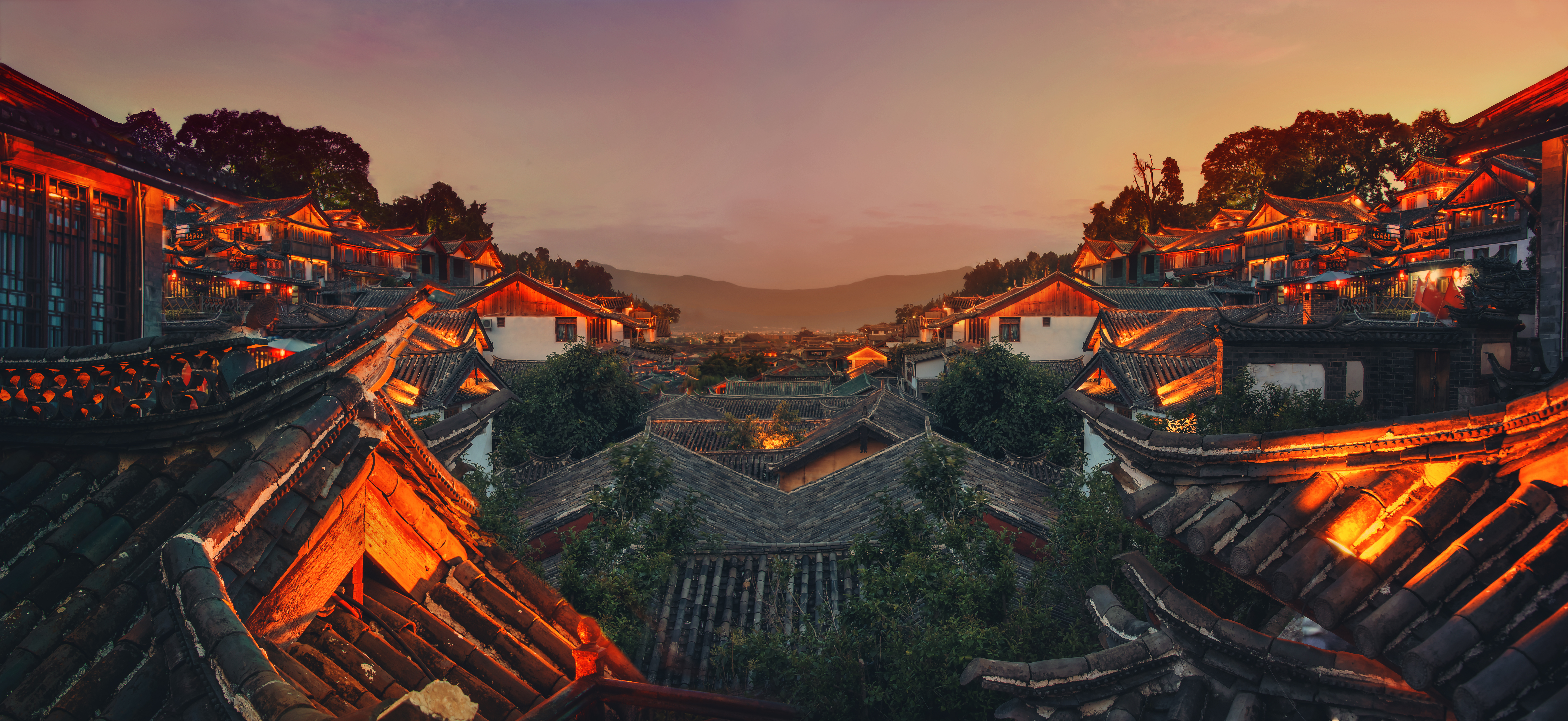 china, cities, man made, lijiang, night, roof, village, yunnan