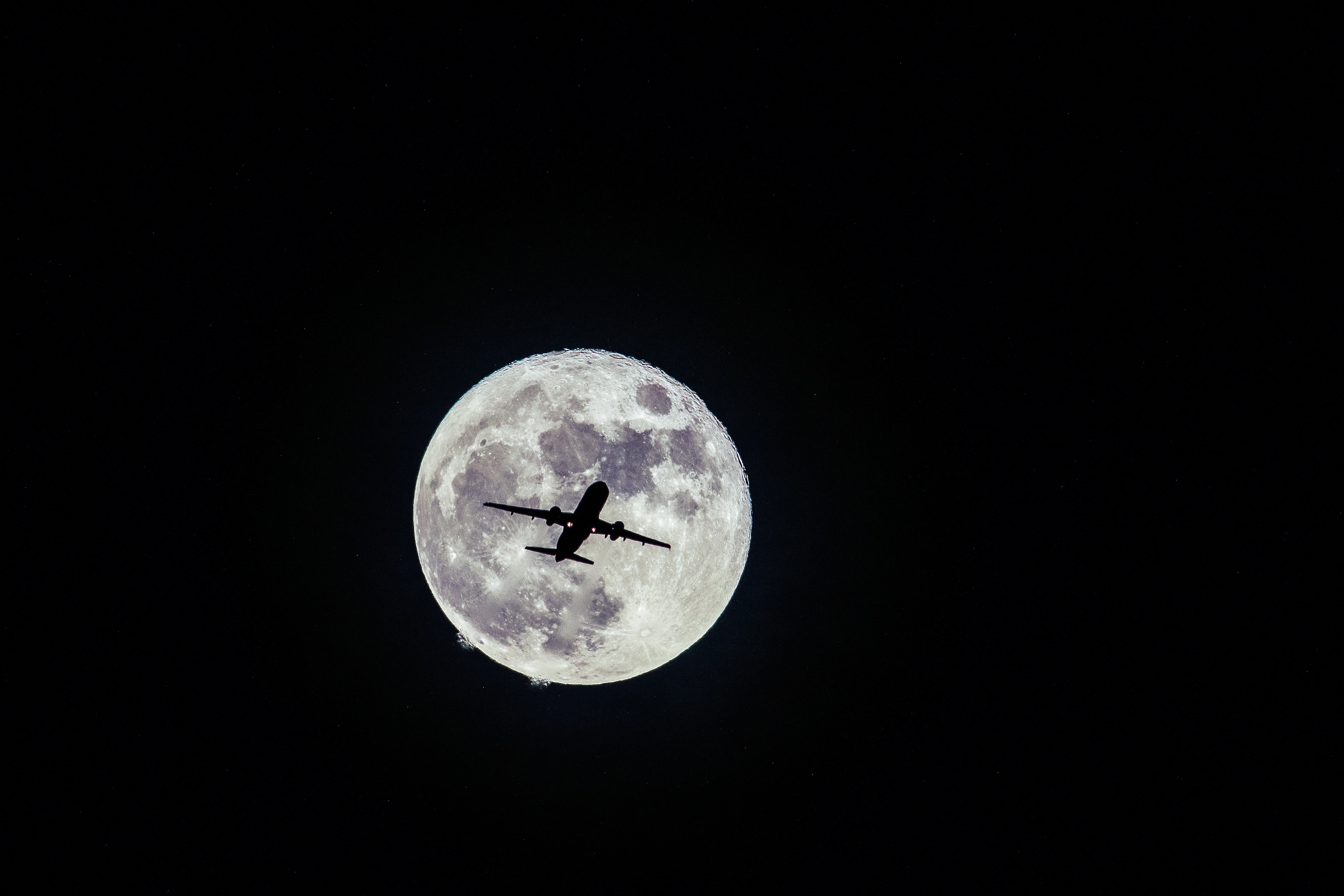 plane, moon, black, flight, bw, chb, airplane 1080p