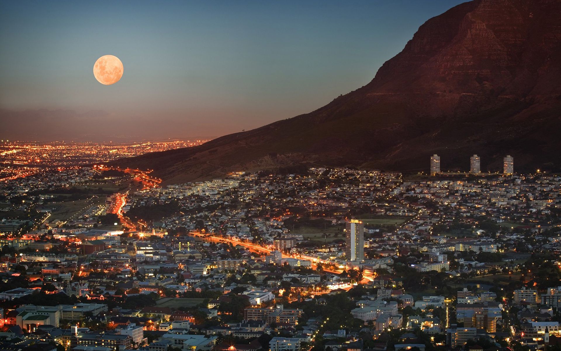 HD wallpaper cities, houses, sky, twilight, moon, lights, mountain, shine, light, skyscrapers, dusk, height, megapolis, megalopolis, view, panorama, cape town, south africa