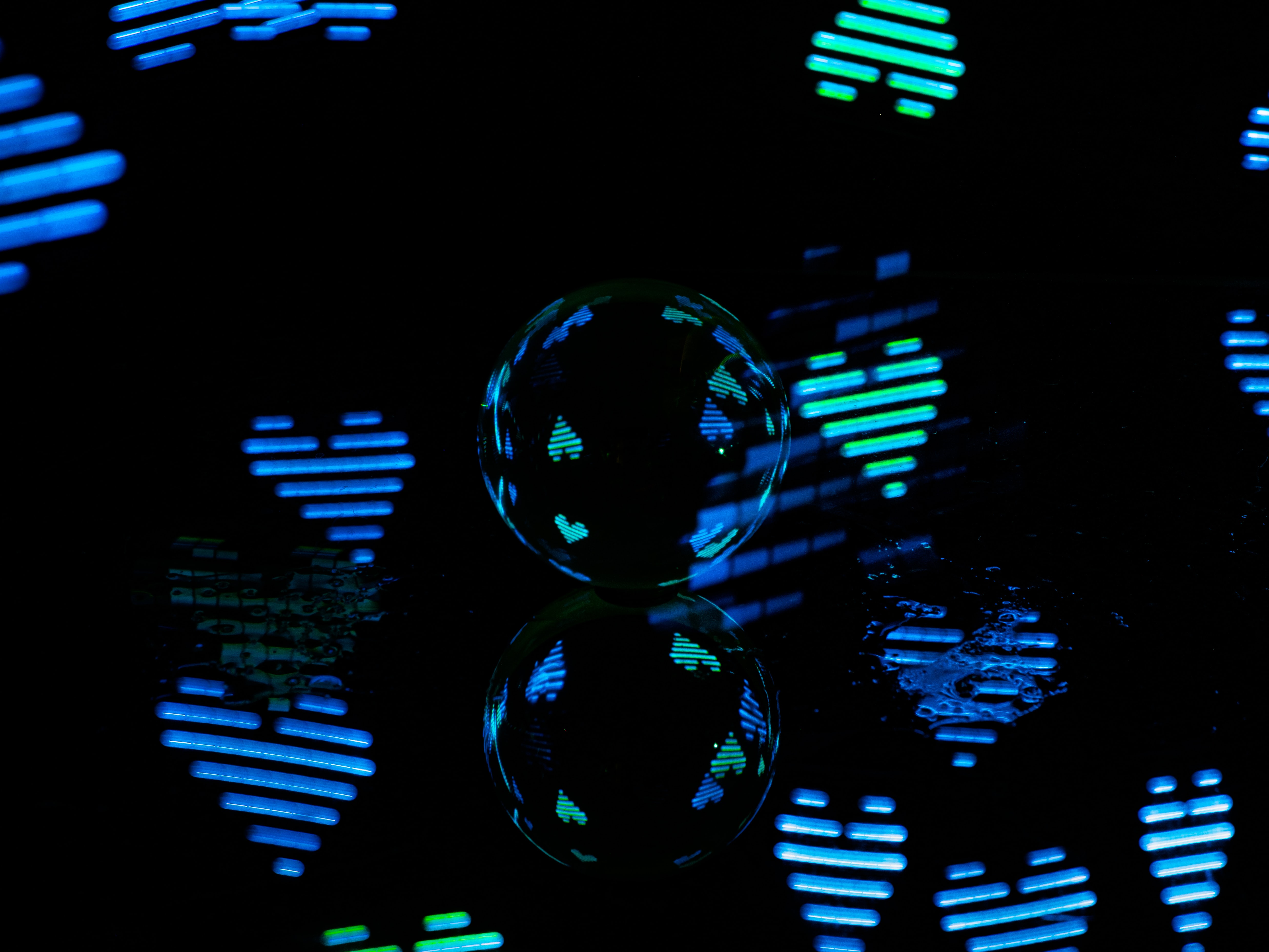 heart, neon, reflection, dark, ball