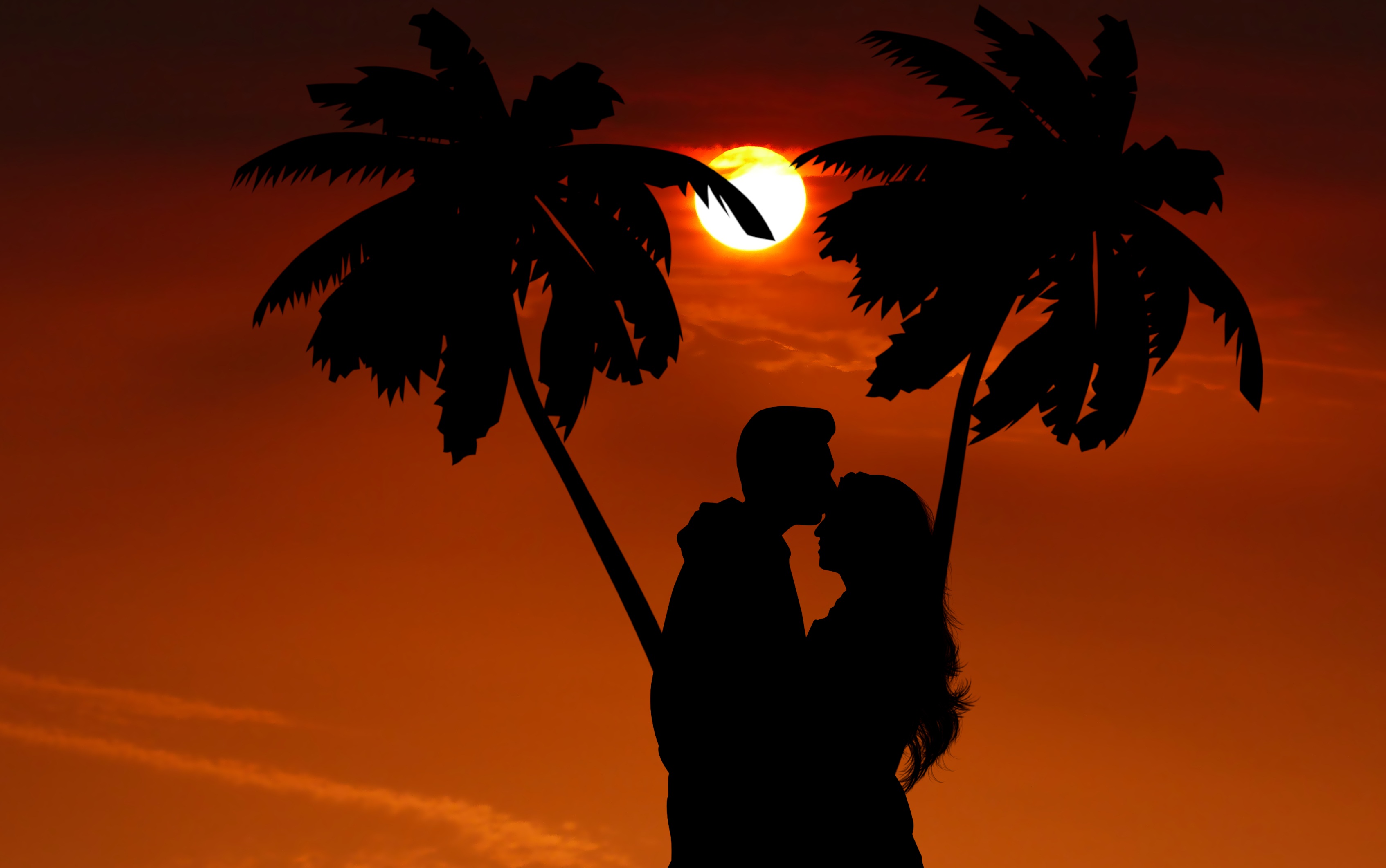 love, couple, romance, pair, embrace, night, silhouettes, palms High Definition image