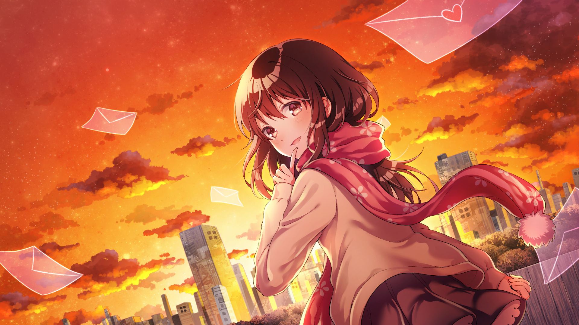 anime, original, city, cloud, letter, long hair, sky, sunset